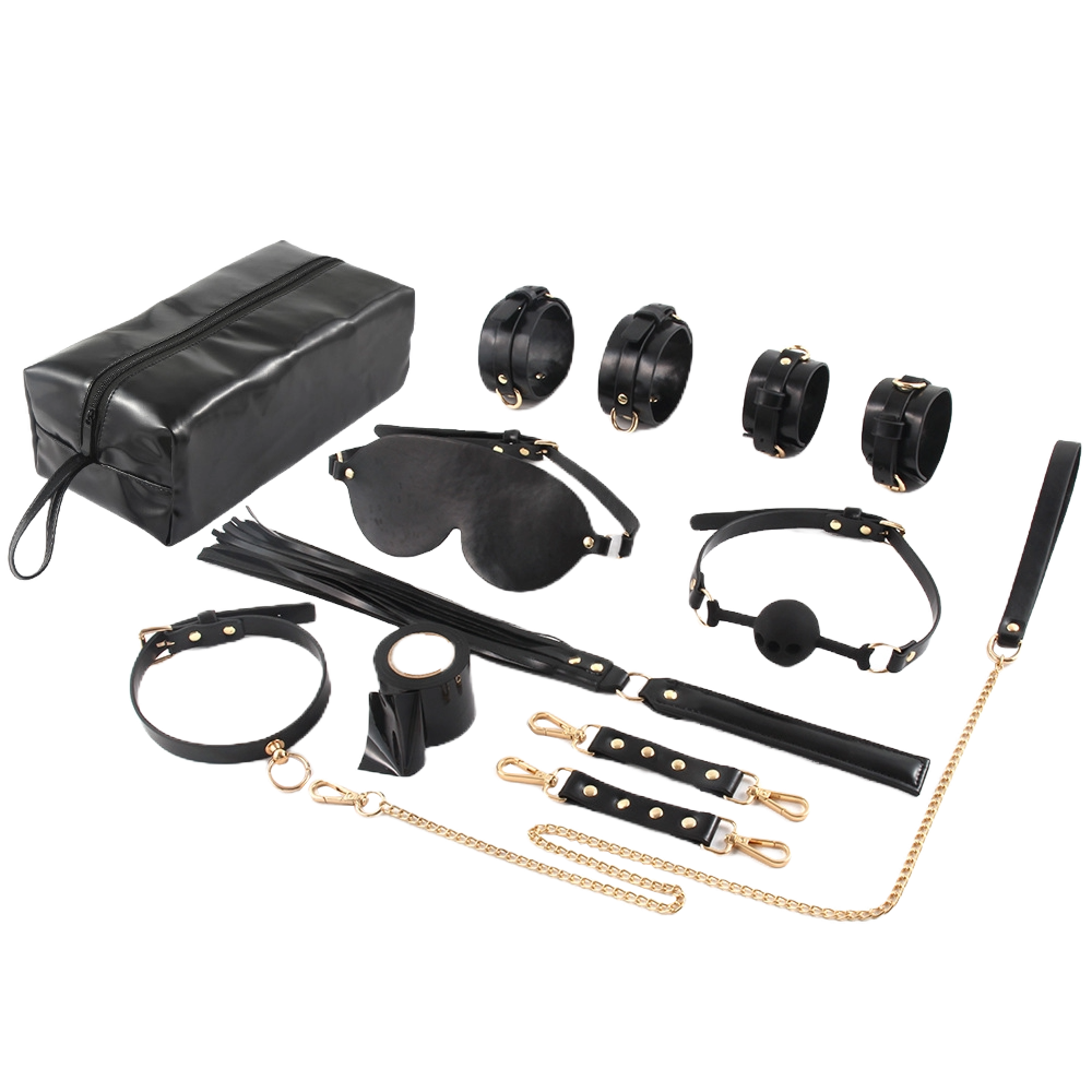 Dominion 8-Piece SM Bondage Set – Handcuffs, Gag, Whip & Collar with Storage Bag