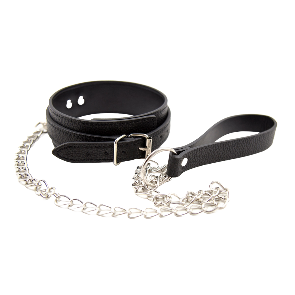 IronClad PU Leather Neck Collar with Chain – Adjustable Bondage Accessory
