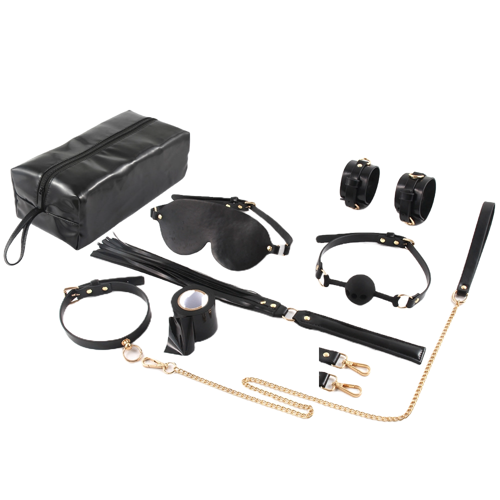 Dominion 8-Piece SM Bondage Set – Handcuffs, Gag, Whip & Collar with Storage Bag