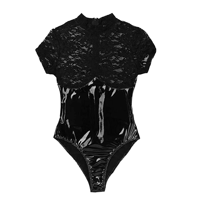 Obsidian Lace Patent Leather Bodysuit – Black Lycra Seduction Wear