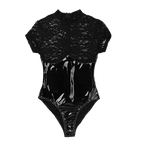 Obsidian Lace Patent Leather Bodysuit – Black Lycra Seduction Wear