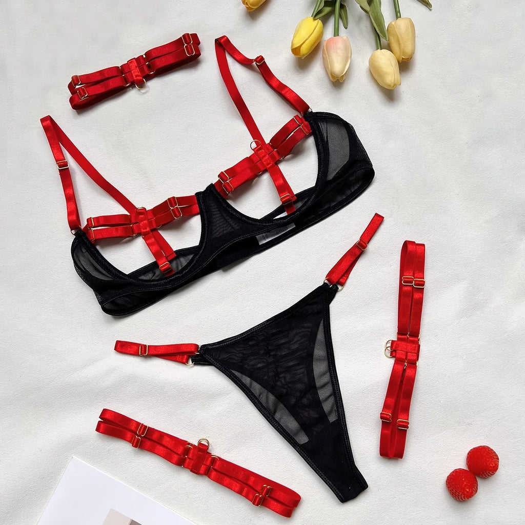 Seductress Mesh Lingerie Set – Erotic Uniform with Bra, Panties & Accessories