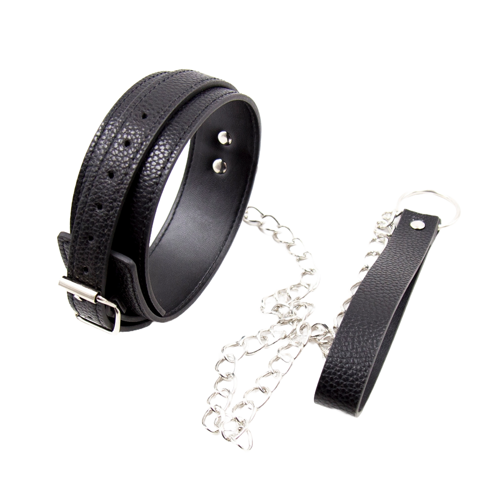 IronClad PU Leather Neck Collar with Chain – Adjustable Bondage Accessory