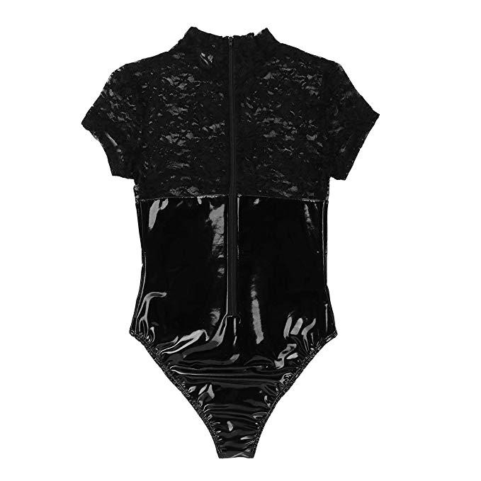 Obsidian Lace Patent Leather Bodysuit – Black Lycra Seduction Wear