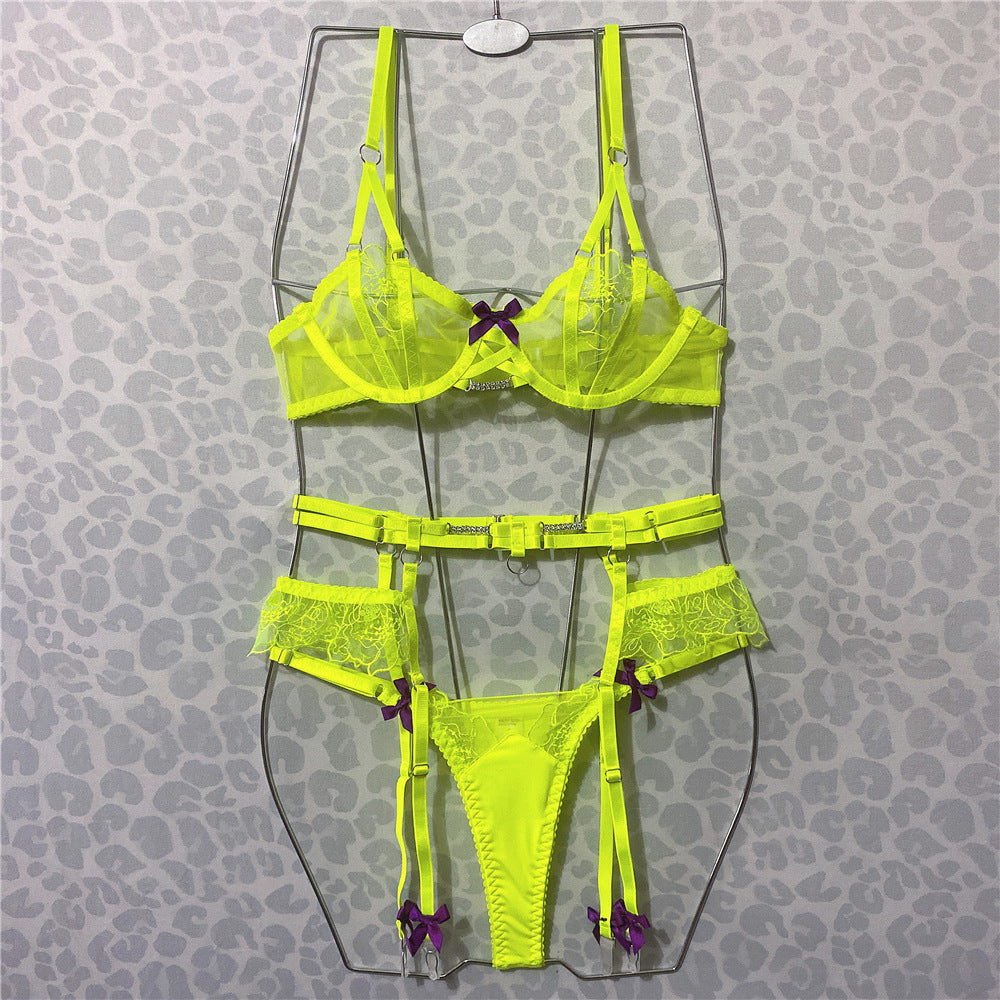 European & American Embroidered Fluorescent Green Mesh Bra Set – Bow Sexy Lingerie for Women