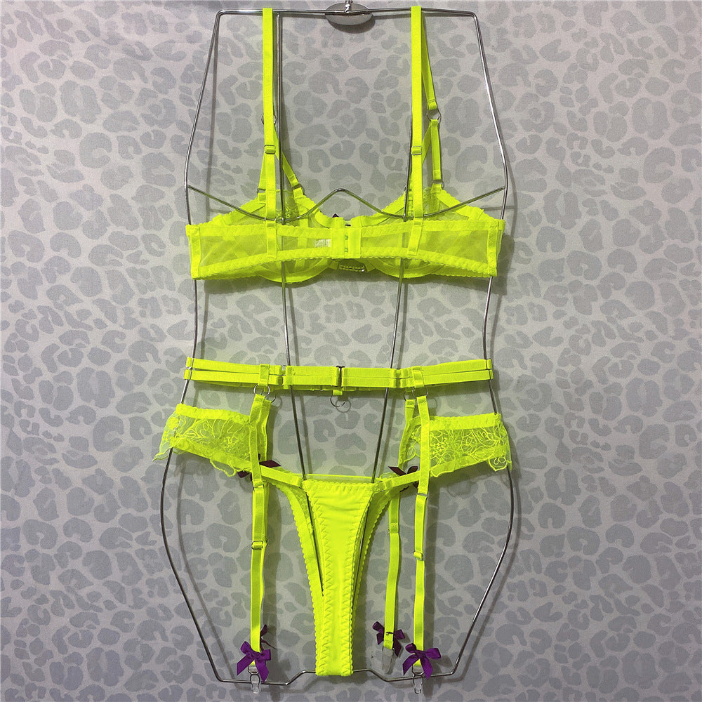 European & American Embroidered Fluorescent Green Mesh Bra Set – Bow Sexy Lingerie for Women