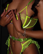 European & American Embroidered Fluorescent Green Mesh Bra Set – Bow Sexy Lingerie for Women